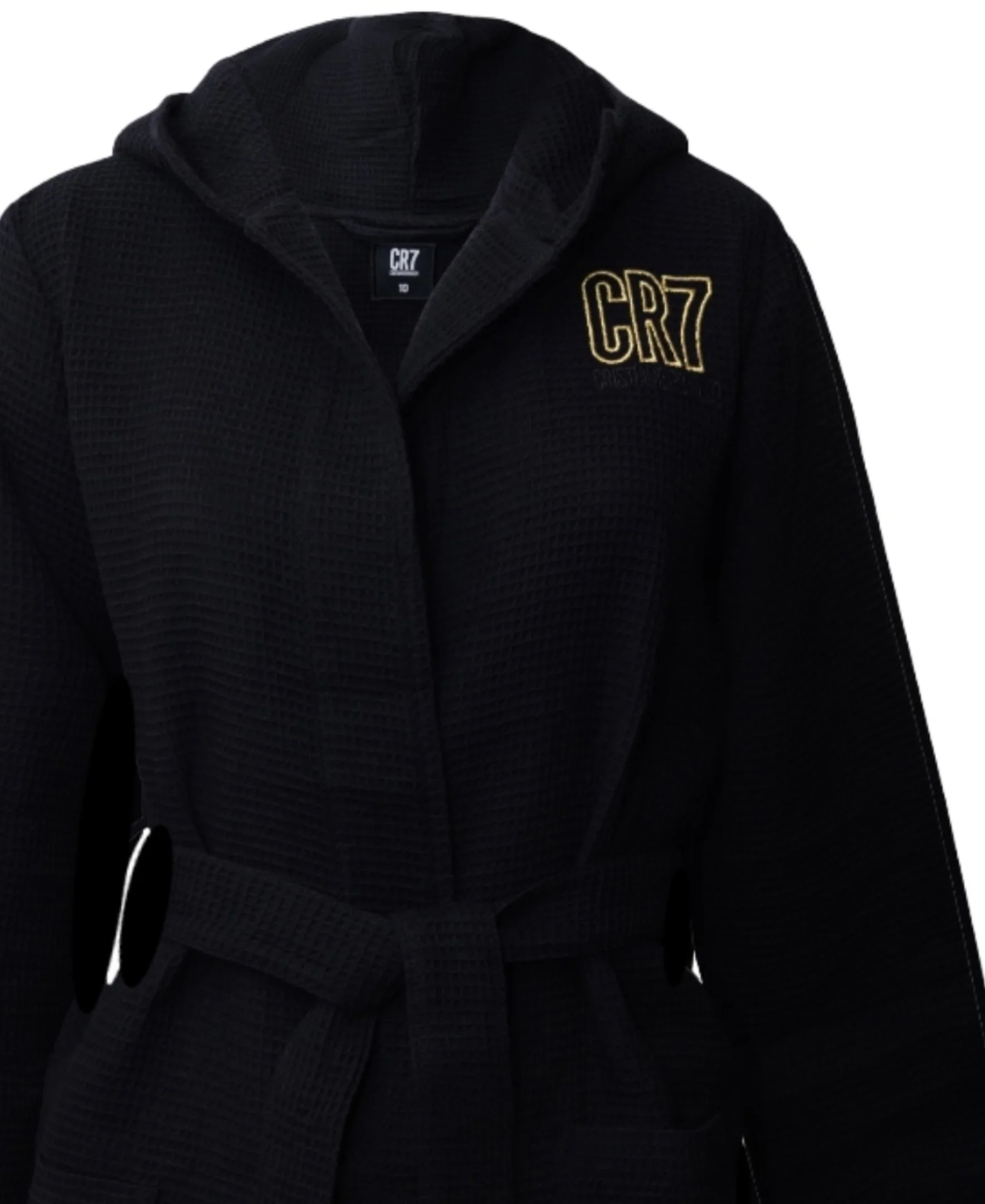 CR7 Boy's Hooded Waffle Weave Bath Wrap, Black - Image 4