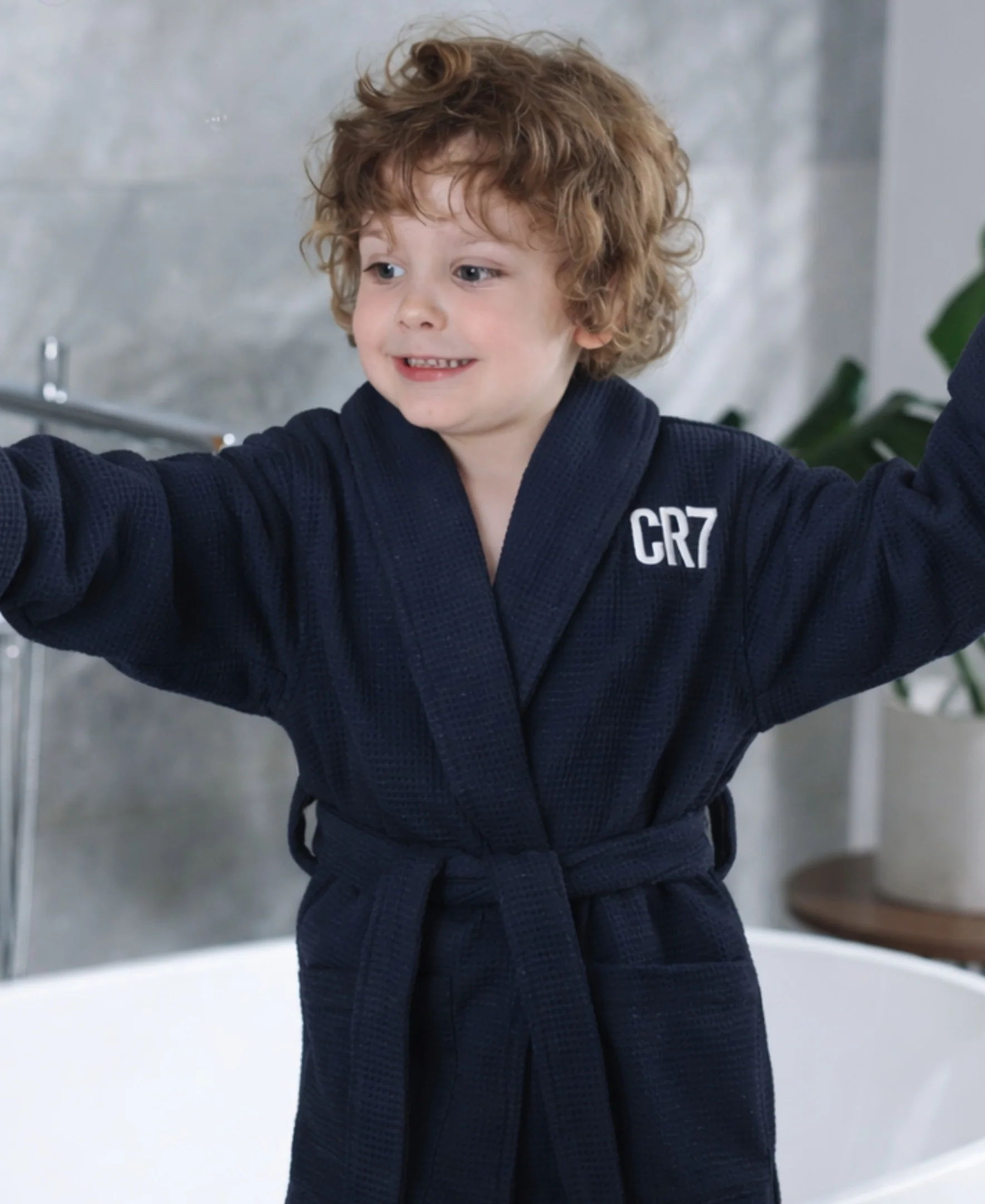 CR7 Boy's Hooded Waffle Weave Bath Wrap, Navy - Image 3