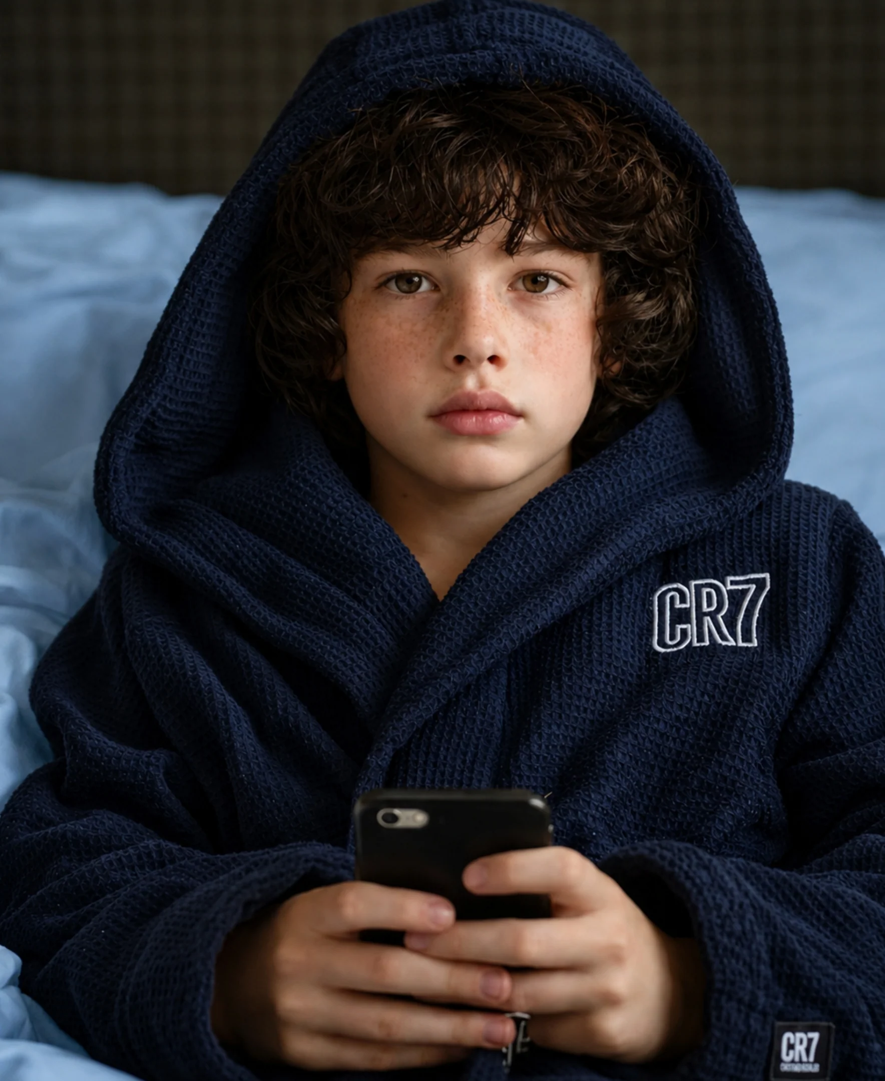 CR7 Boy's Hooded Waffle Weave Bath Wrap, Navy - Image 6