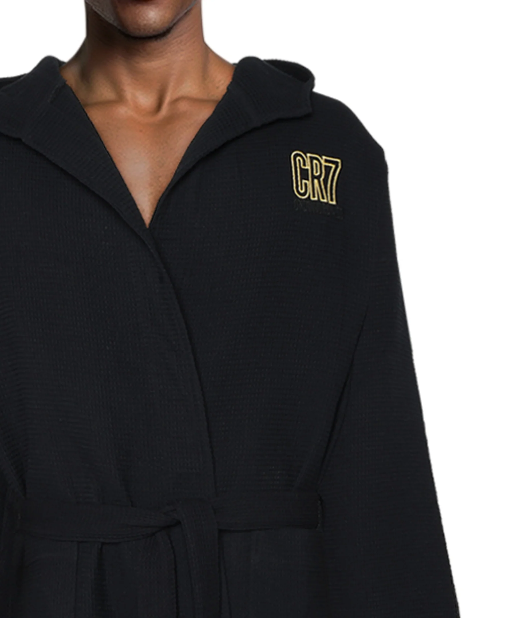 CR7 Men's Hooded Waffle Weave Bathrobe, Black - Image 4