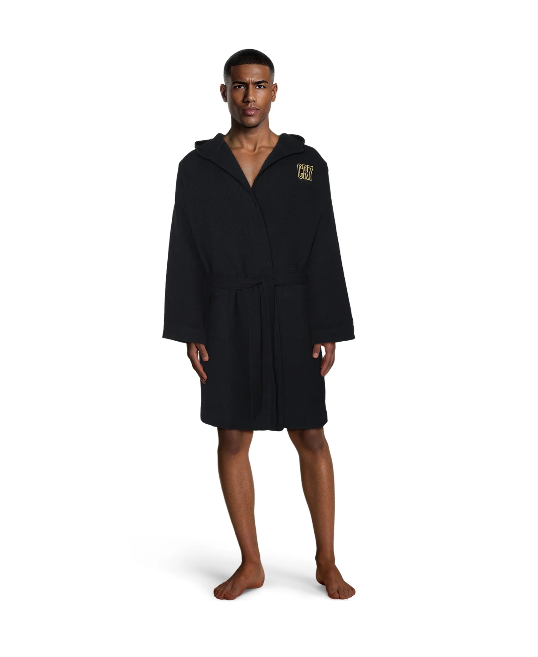 CR7 Men's Hooded Waffle Weave Bathrobe, Black - Image 5