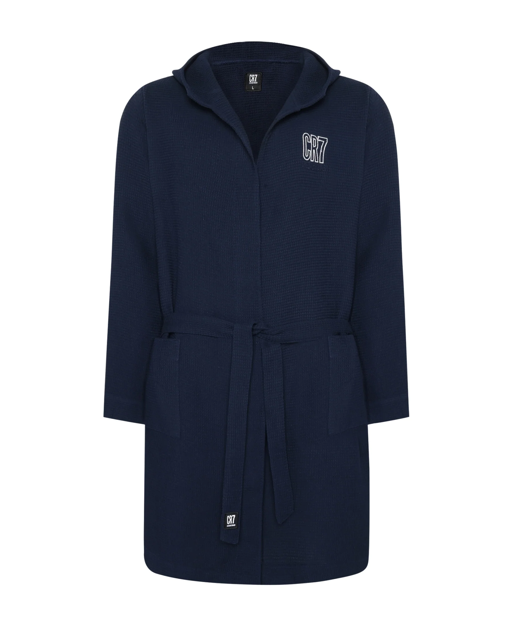 CR7 Men's Hooded Waffle Weave Bathrobe, Navy - Image 4